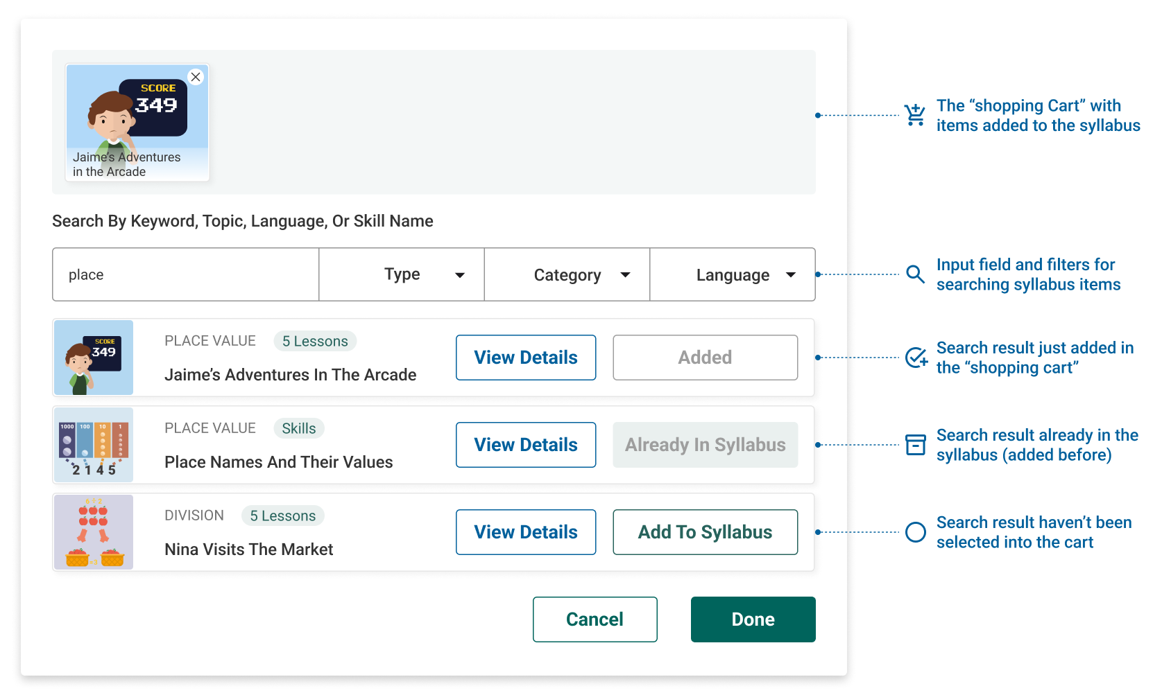 Annotated lesson search and syllabus selection flow